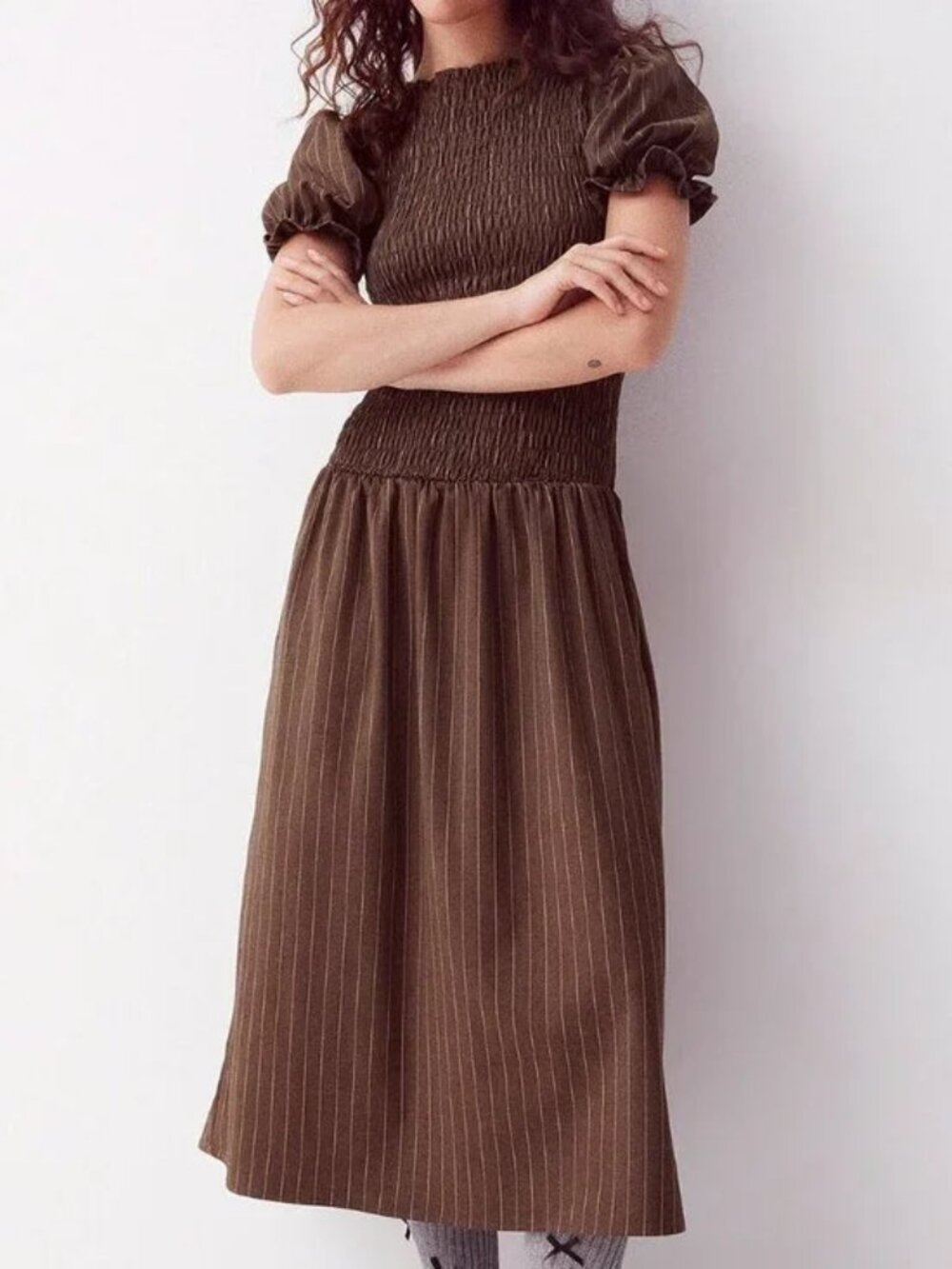 Daisy Street Brulée smocked midi dress chocolate espresso *